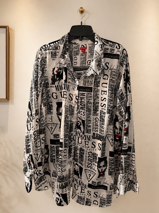 Guess Tops - GUESS Black & White Graphic Newspaper Print Shirt Jacket with Red Accents